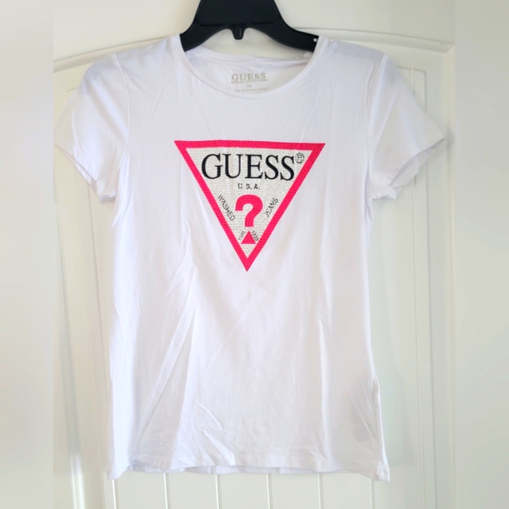 Guess White T-Shirt with Pink Logo